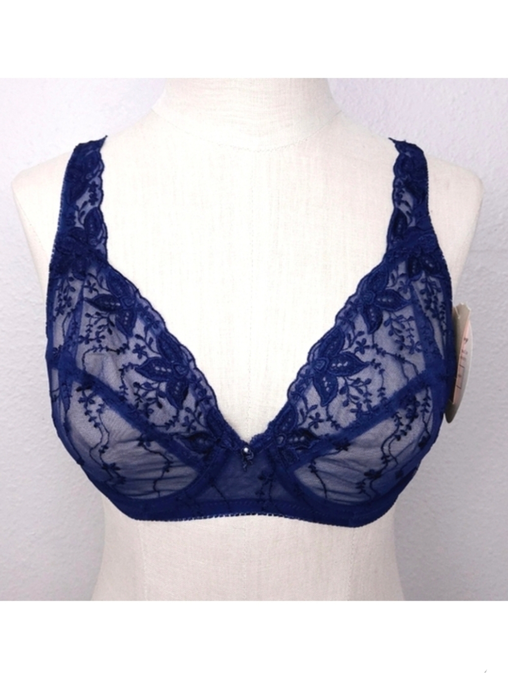 FELINA Vintage Floral Embroidered Sheer Lace Bra 34D Blue